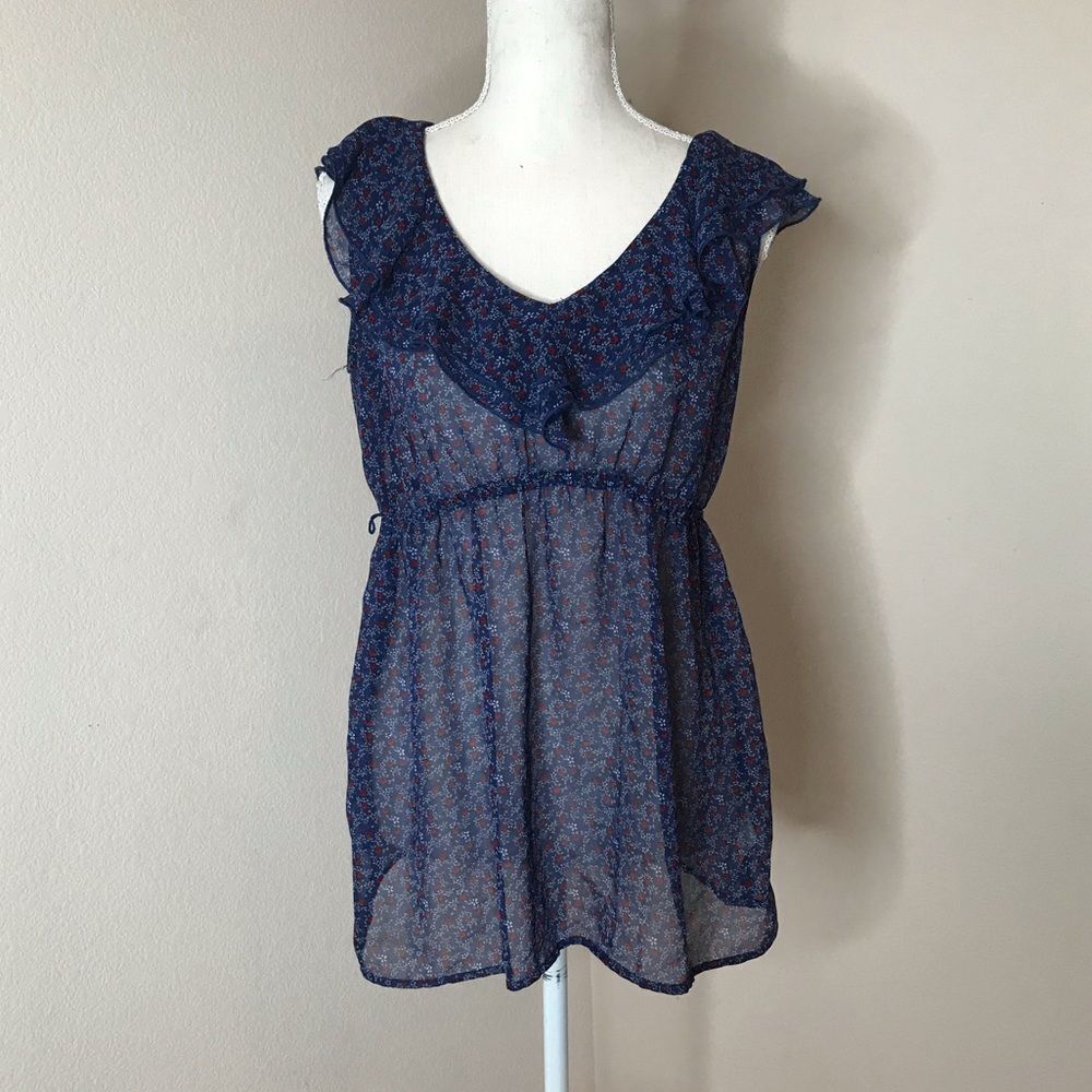 Motherhood sheer floral ruffle blouse